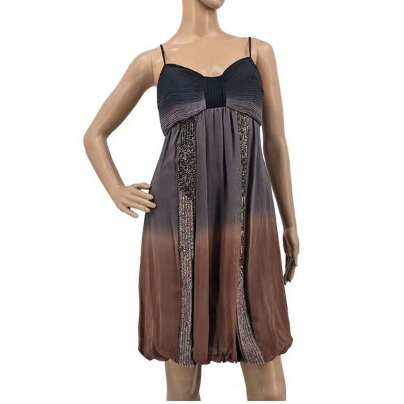 Vintage Y2K Sue Wong Mini Dress Bow Brown Ombre Sequin Bubble Hem 100% Silk Sz 4 - Picture 1 of 11